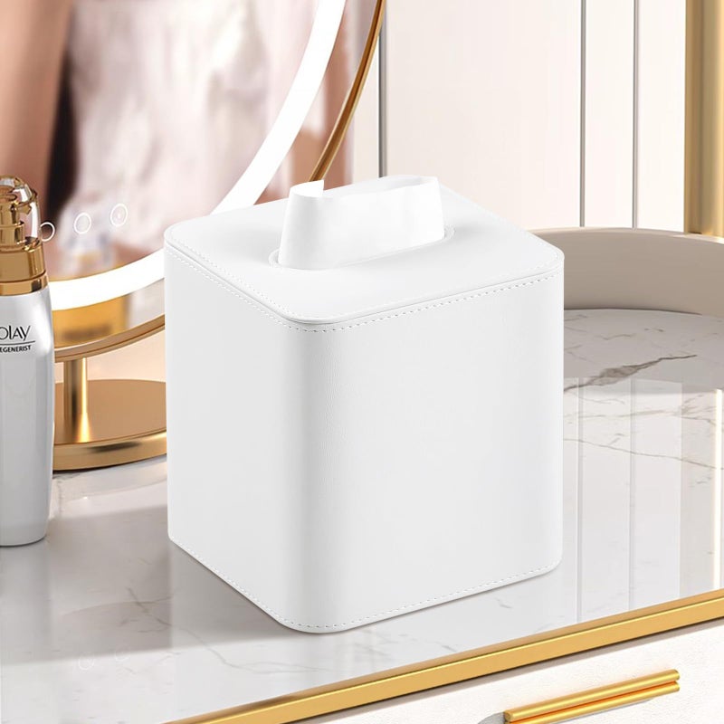 MEIBOOCH PU Leather Tissue Box Cover with Magnetic Closure  Square Tissue Box Holder with Rounded Edges Design (Cream-White  Square) - Image 2